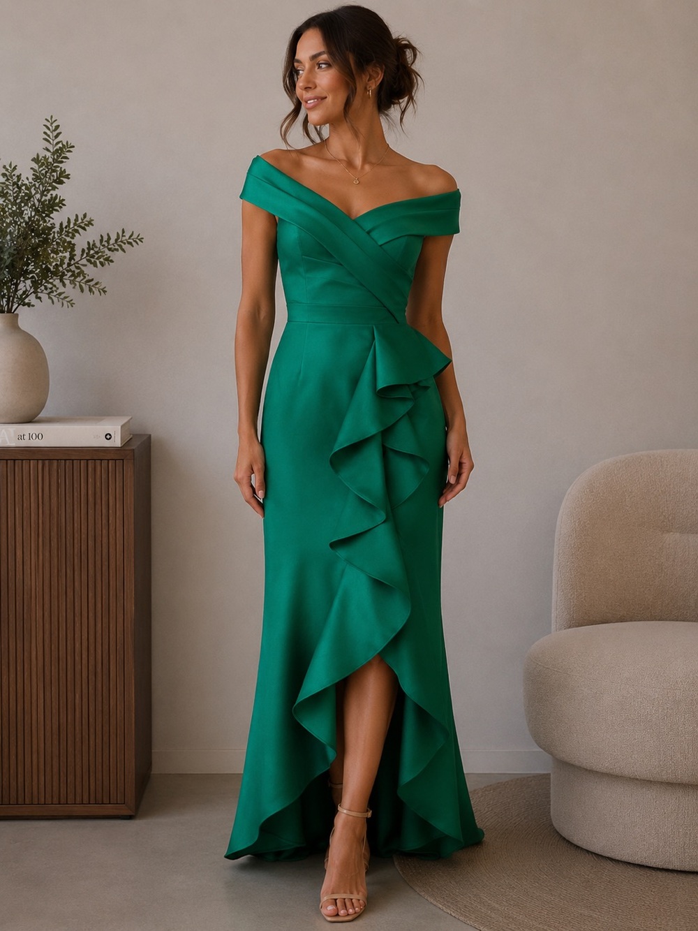 FEHAUTE Emerald Green Satin Formal Wedding Guest Dress NWT
